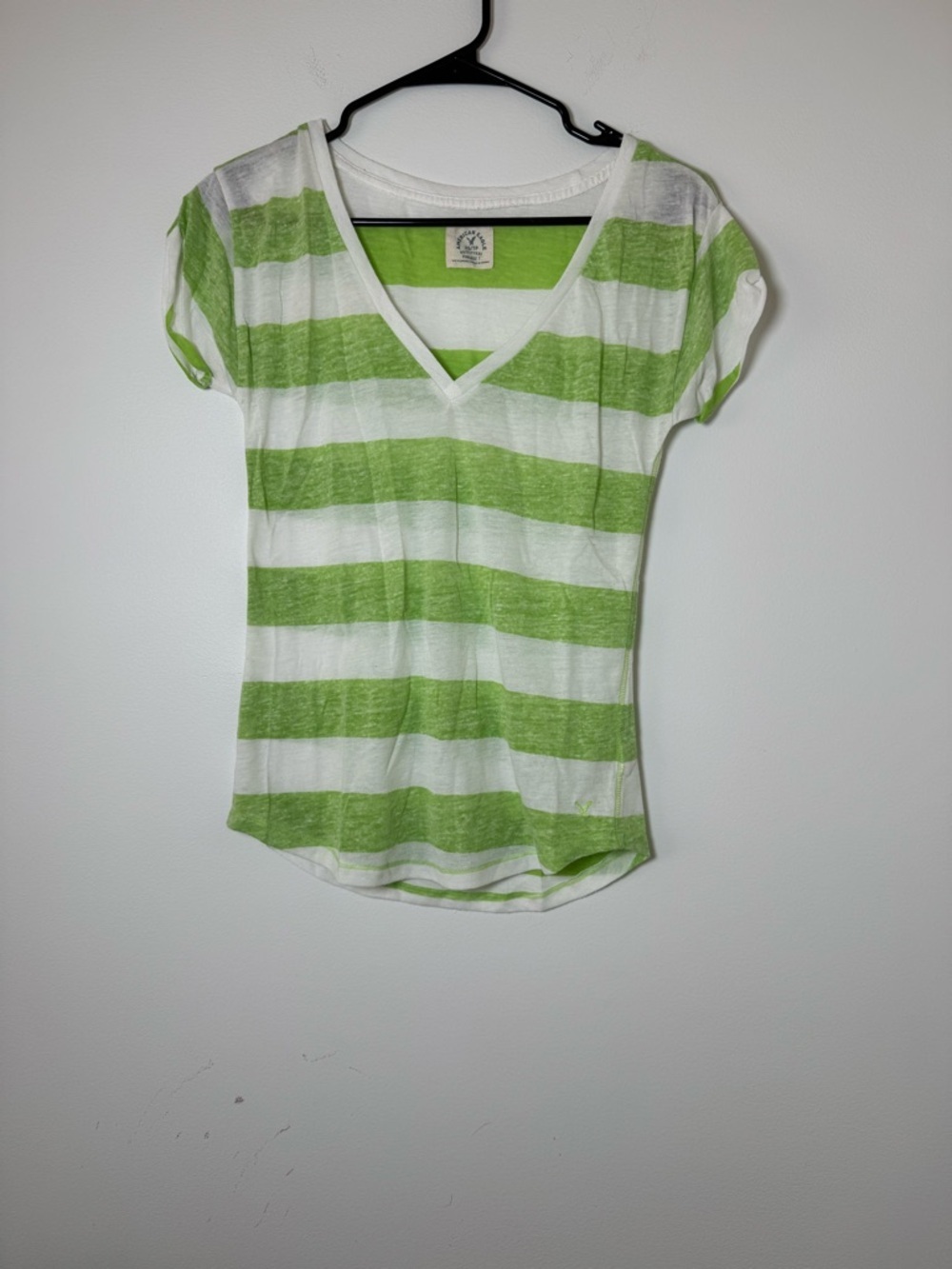 American Eagle Striped V Neck Tee Womens XS Green White Cap Sleeve